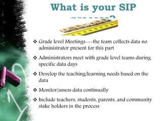 What is your SIP 
process? 
 Grade level Meetings---the team collects data no 
administrator present for this part 
 Administrators meet with grade level teams during 
specific data days 
 Develop the teaching/learning needs based on the 
data 
 Monitor/assess data continually 
 Include teachers, students, parents, and community 
stake holders in the process 
 