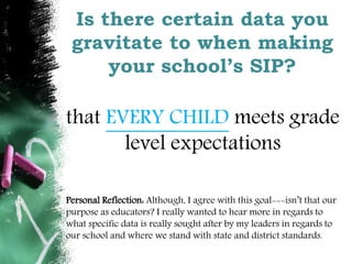 Is there certain data you 
gravitate to when making 
your school’s SIP? 
that EVERY CHILD meets grade 
level expectations 
Personal Reflection: Although, I agree with this goal---isn’t that our 
purpose as educators? I really wanted to hear more in regards to 
what specific data is really sought after by my leaders in regards to 
our school and where we stand with state and district standards. 
 