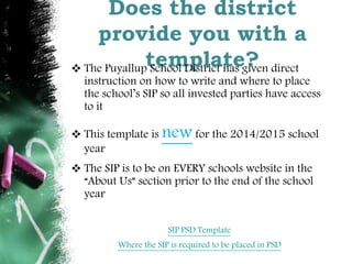 Does the district 
provide you with a 
template?  The Puyallup School District has given direct 
instruction on how to write and where to place 
the school’s SIP so all invested parties have access 
to it 
 This template is new for the 2014/2015 school 
year 
 The SIP is to be on EVERY schools website in the 
“About Us” section prior to the end of the school 
year 
SIP PSD Template 
Where the SIP is required to be placed in PSD 
 