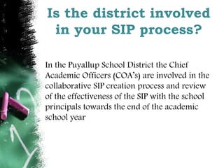 Is the district involved 
in your SIP process? 
In the Puyallup School District the Chief 
Academic Officers (COA’s) are involved in the 
collaborative SIP creation process and review 
of the effectiveness of the SIP with the school 
principals towards the end of the academic 
school year 
 