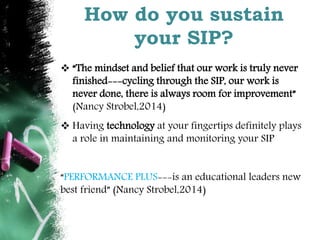 How do you sustain 
your SIP? 
 “The mindset and belief that our work is truly never 
finished---cycling through the SIP, our work is 
never done, there is always room for improvement” 
(Nancy Strobel,2014) 
 Having technology at your fingertips definitely plays 
a role in maintaining and monitoring your SIP 
“PERFORMANCE PLUS---is an educational leaders new 
best friend” (Nancy Strobel,2014) 
 