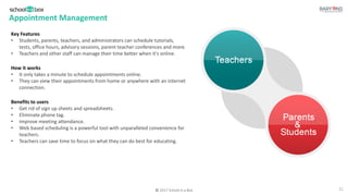 © 2017 School in a Box
Appointment Management
Key Features
• Students, parents, teachers, and administrators can schedule tutorials,
tests, office hours, advisory sessions, parent teacher conferences and more.
• Teachers and other staff can manage their time better when it's online.
How it works
• It only takes a minute to schedule appointments online.
• They can view their appointments from home or anywhere with an internet
connection.
Benefits to users
• Get rid of sign up sheets and spreadsheets.
• Eliminate phone tag.
• Improve meeting attendance.
• Web based scheduling is a powerful tool with unparalleled convenience for
teachers.
• Teachers can save time to focus on what they can do best for educating.
11
 