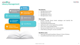 © 2017 School in a Box
Library Management
Key Features
• Manage library books
• Manage book issue
• Manage book returns
• Manage books renew
How it works
• Browse through library books catalogue and identify the
book(s) to be issued
• View/Edit/Delete/Add books
• Add books with custom tag facility available
• Filter book using available filters
• Normal and detail Search for a book available
• Initial library setting for courses available
Benefits to users
• Save time and avoid standing in Queue in front of Library
• Issued/Renewed book status can be viewed
8
 