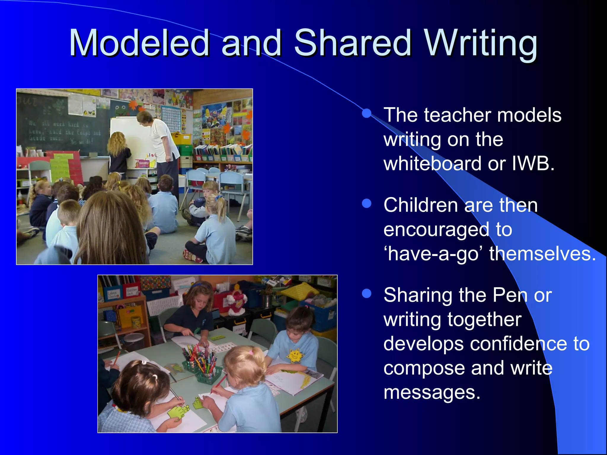 Modeled and Shared Writing
                   The teacher models
                    writing on the
                    whiteboard or IWB.
                   Children are then
                    encouraged to
                    ‘have-a-go’ themselves.
                   Sharing the Pen or
                    writing together
                    develops confidence to
                    compose and write
                    messages.
 