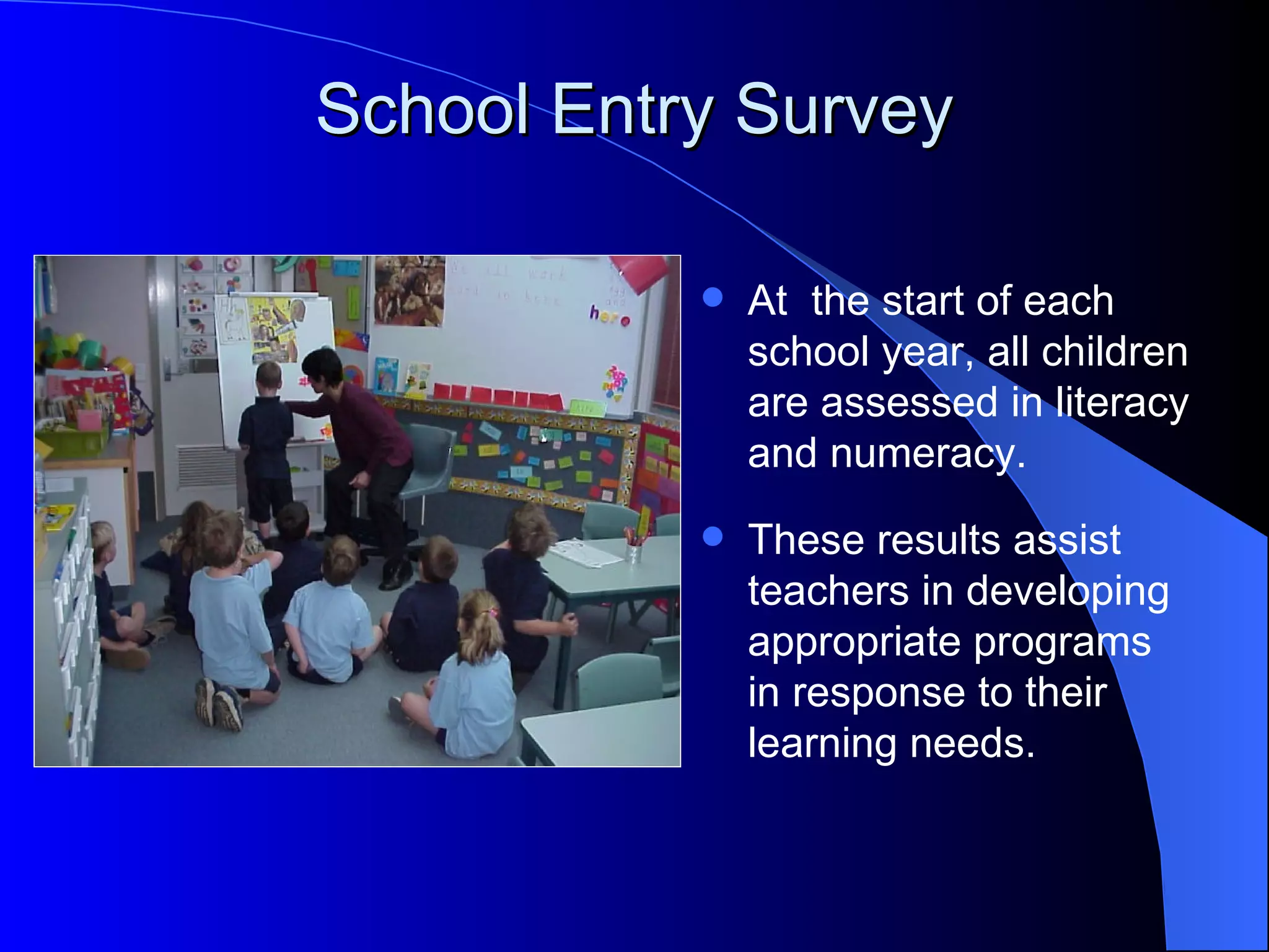 School Entry Survey

              At the start of each
               school year, all children
               are assessed in literacy
               and numeracy.
              These results assist
               teachers in developing
               appropriate programs
               in response to their
               learning needs.
 