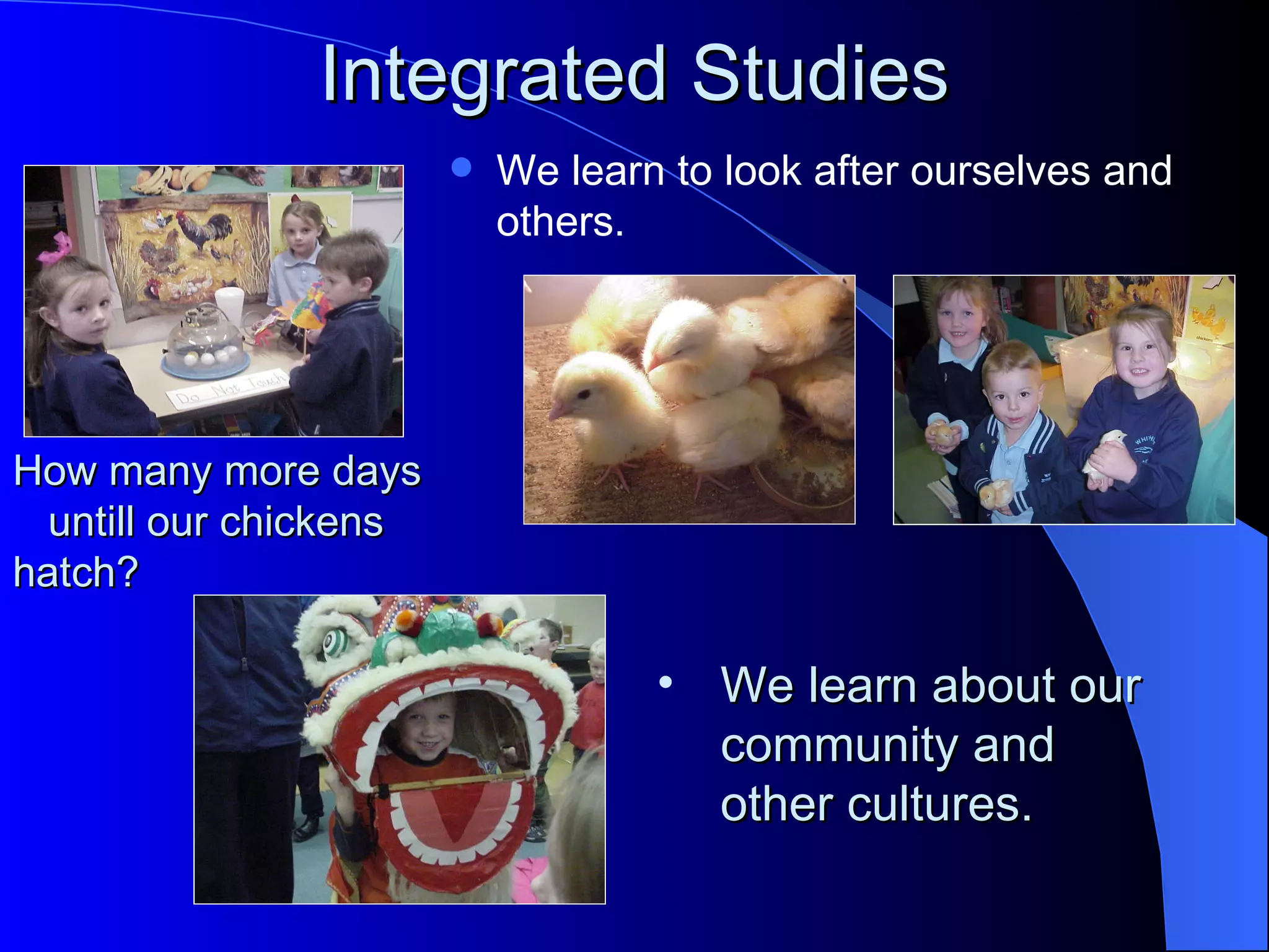 Integrated Studies
                           We learn to look after ourselves and
                            others.




How many more days
  untill our chickens
hatch?

                                    • We learn about our
                                      community and
                                      other cultures.
 