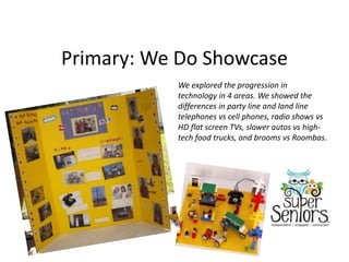 Primary: We Do Showcase
We explored the progression in
technology in 4 areas. We showed the
differences in party line and land line
telephones vs cell phones, radio shows vs
HD flat screen TVs, slower autos vs high-
tech food trucks, and brooms vs Roombas.
 