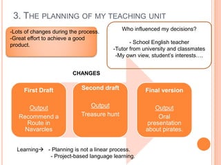 3. THE PLANNING OF MY TEACHING UNIT
First Draft
Output
Recommend a
Route in
Navarcles
Second draft
Output
Treasure hunt
Final version
Output
Oral
presentation
about pirates.
-Lots of changes during the process.
-Great effort to achieve a good
product.
CHANGES
Who influenced my decisions?
- School English teacher
-Tutor from university and classmates
-My own view, student’s interests….
Learning - Planning is not a linear process.
- Project-based language learning.
 