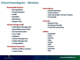 www.cinquesoftware.com School Management   Centralized Management School/Branches Profile ID Card Generation Time Table Cafeteria Library Management Hostel Management Transportation Educational Resources Online & Offline Lessons Lesson Plans Examinations Grade Reporting Online Exams Auto Generation of Exam Papers Transcripts Accounts Student Fees Employee Payrolls Financial Accounting Utilities Organizer News Games Quiz  Cards Mail Forums Archives Poll Student/staff Systems Demographics Tracking System Health Discipline Attendance Assignments 
