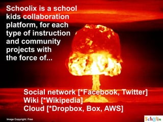 Schoolix is a school
kids collaboration
platform, for each
type of instruction
and community
projects with
the force of...



             Social network [*Facebook, Twitter]
             Wiki [*Wikipedia]
             Cloud [*Dropbox, Box, AWS]
Image Copyright: Free
 