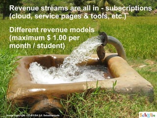 Revenue streams are all in - subscriptions
  (cloud, service pages & tools, etc.)
  Different revenue models
  (maximum $ 1.00 per
  month / student)




Image Copyright: CC-BY-SA 3.0; Sebastianjude
 