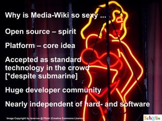 Why is Media-Wiki so sexy ...

Open source – spirit
Platform – core idea
Accepted as standard
technology in the crowd
[*despite submarine]
Huge developer community
Nearly independent of hard- and software
Image Copyright by laverrue @ Flickr (Creative Commons Licence)
 