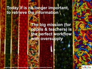 Today it is no longer important,
    to retrieve the information

                                     The big mission (for
                                     pupils & teachers) is
                                     the perfect workflow
                                     with oversupply




Image Copyright by jamesbrandon @ Flickr (Creative Commons Licence)
 