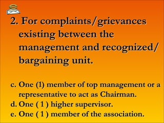 2. For complaints/grievances existing between the management and recognized/bargaining unit. One (1) member of top management or a representative to act as Chairman. One ( 1 ) higher supervisor. One ( 1 ) member of the association. 