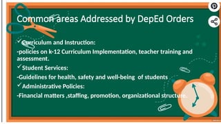 Deped order and other issuances . School laws and Legislation report | PPTX