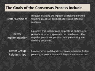 The Goals of the Consensus Process Include
Better Decisions:
Through including the input of all stakeholders the
resulting proposals can best address all potential
concerns
Better
Implementation:
A process that includes and respects all parties, and
generates as much agreement as possible sets the
stage for greater cooperation in implementing the
resulting decisions
Better Group
Relationships
A cooperative, collaborative group atmosphere fosters
greater group cohesion and interpersonal connection
 