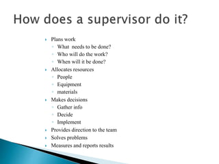  Plans work
◦ What needs to be done?
◦ Who will do the work?
◦ When will it be done?
 Allocates resources
◦ People
◦ Equipment
◦ materials
 Makes decisions
◦ Gather info
◦ Decide
◦ Implement
 Provides direction to the team
 Solves problems
 Measures and reports results
 