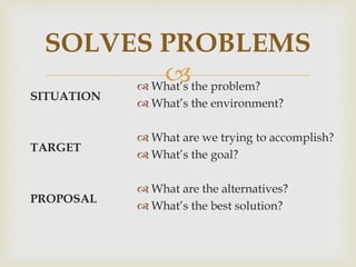 
SOLVES PROBLEMS
SITUATION
TARGET
PROPOSAL
 What’s the problem?
 What’s the environment?
 What are we trying to accomplish?
 What’s the goal?
 What are the alternatives?
 What’s the best solution?
 