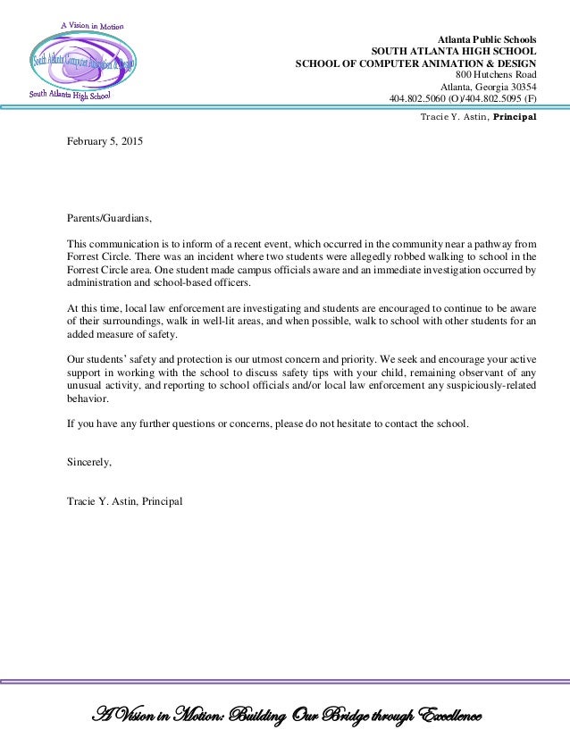 School letterhead official notification (student safety)