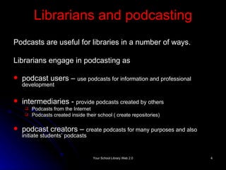 Librarians and podcasting Podcasts are useful for libraries in a number of ways. Librarians engage in podcasting as podcast users –  use podcasts for information and professional development intermediaries -  provide podcasts created by others Podcasts from the Internet Podcasts created inside their school ( create repositories) podcast creators –  create podcasts for many purposes and  also initiate students’ podcasts 
