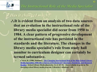 12
The Instructional Role of the Media Specialist
Has it changed much?
It is evident from an analysis of two data sources
that an evolution in the instructional role of the
library media specialist did occur from 1950 to
1984. A clear pattern of progressive development
of the instructional role has persisted in the
standards and the literature. The changes in the
library media specialist’s role from study hall
monitor to curriculum designer can certainly be
termed substantive.
• Craver, K. (1986, Summer). The Changing Instructional Role of the High School Library
Media Specialist, 1950–84: A Survey of Professional Literature, Standards, and Research
Studies. School Library Media Quarterly, 14, 4: 183-91. Also available in print in The
emerging school library media program. Libraries Unlimited, 1988
 
