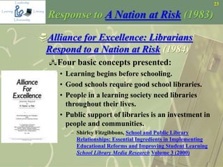 23
Response to A Nation at Risk (1983)
Alliance for Excellence: Librarians
Respond to a Nation at Risk (1984)
Four basic concepts presented:
• Learning begins before schooling.
• Good schools require good school libraries.
• People in a learning society need libraries
throughout their lives.
• Public support of libraries is an investment in
people and communities.
– Shirley Fitzgibbons, School and Public Library
Relationships: Essential Ingredients in Implementing
Educational Reforms and Improving Student Learning
School Library Media Research Volume 3 (2000)
 