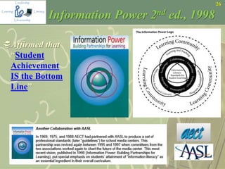 26
Affirmed that
“Student
Achievement
IS the Bottom
Line”
Information Power 2nd ed., 1998
 
