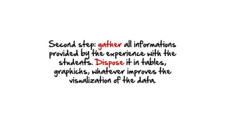 Second step: gather all informations
provided by the experience with the
students. Dispose it in tables,
graphichs, whatever improves the
visualization of the data.
 