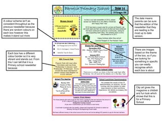 A colour scheme isn't as 
consistent throughout as the 
previous newsletter because 
there are random colours on 
each box however this 
makes it stand out more 
The date means 
parents can be sure 
that the edition of the 
newsletter that they 
are reading is the 
most up to date 
version. 
There are images 
based on the theme 
of the box, so if you 
are looking for 
something in specific 
you can easily 
recognise which 
each box is about 
Each box has a different 
colour border so it is very 
vibrant and stands out. From 
this I can tell that it is a 
Primary school newsletter 
because 
Clip art gives the 
magazine a childish 
and fun look which 
shows that this is 
for a Primary 
School 
 