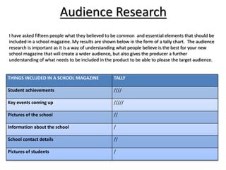 Audience Research
THINGS INCLUDED IN A SCHOOL MAGAZINE TALLY
Student achievements ////
Key events coming up /////
Pictures of the school //
Information about the school /
School contact details //
Pictures of students /
I have asked fifteen people what they believed to be common and essential elements that should be
included in a school magazine. My results are shown below in the form of a tally chart. The audience
research is important as it is a way of understanding what people believe is the best for your new
school magazine that will create a wider audience, but also gives the producer a further
understanding of what needs to be included in the product to be able to please the target audience.
 