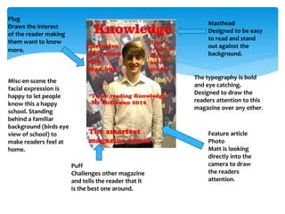 Masthead 
Designed to be easy 
to read and stand 
out against the 
background. 
Plug 
Draws the interest 
of the reader making 
them want to know 
more. 
Feature article 
Photo 
Matt is looking 
directly into the 
camera to draw 
the readers 
attention. 
Puff 
Challenges other magazine 
and tells the reader that it 
is the best one around. 
The typography is bold 
and eye catching. 
Designed to draw the 
readers attention to this 
magazine over any other. 
Misc-en-scene the 
facial expression is 
happy to let people 
know this a happy 
school. Standing 
behind a familiar 
background (birds eye 
view of school) to 
make readers feel at 
home. 
 
