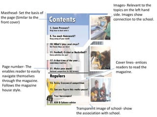 Images- Relevant to the
                                                   topics on the left hand
Masthead- Set the basis of                         side. Images show
the page (Similar to the                           connection to the school.
front cover)




                                                    Cover lines- entices
Page number- The                                    readers to read the
enables reader to easily                            magazine.
navigate themselves
through the magazine.
Follows the magazine
house style.



                             Transparent image of school- show
                             the association with school.
 
