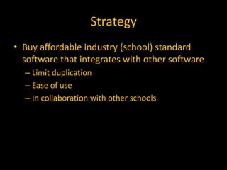 Strategy
• Buy affordable industry (school) standard
  software that integrates with other software
  – Limit duplication
  – Ease of use
  – In collaboration with other schools
 