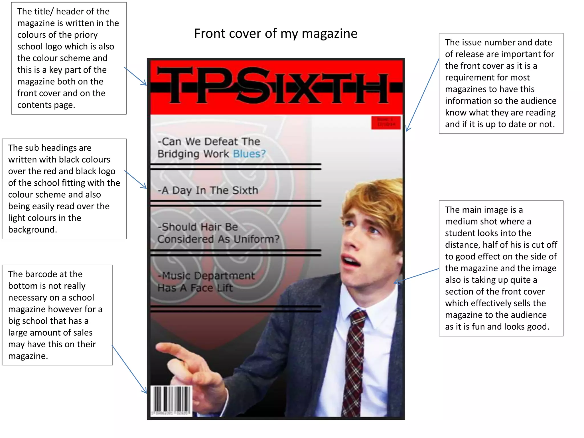 Front cover of my magazine 
The title/ header of the 
magazine is written in the 
colours of the priory 
school logo which is also 
the colour scheme and 
this is a key part of the 
magazine both on the 
front cover and on the 
contents page. 
The sub headings are 
written with black colours 
over the red and black logo 
of the school fitting with the 
colour scheme and also 
being easily read over the 
light colours in the 
background. 
The barcode at the 
bottom is not really 
necessary on a school 
magazine however for a 
big school that has a 
large amount of sales 
may have this on their 
magazine. 
The issue number and date 
of release are important for 
the front cover as it is a 
requirement for most 
magazines to have this 
information so the audience 
know what they are reading 
and if it is up to date or not. 
The main image is a 
medium shot where a 
student looks into the 
distance, half of his is cut off 
to good effect on the side of 
the magazine and the image 
also is taking up quite a 
section of the front cover 
which effectively sells the 
magazine to the audience 
as it is fun and looks good. 
 