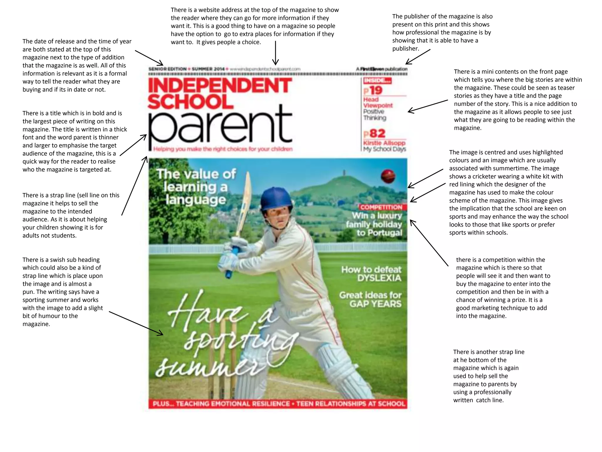 The date of release and the time of year 
are both stated at the top of this 
magazine next to the type of addition 
that the magazine is as well. All of this 
information is relevant as it is a formal 
way to tell the reader what they are 
buying and if its in date or not. 
There is a website address at the top of the magazine to show 
the reader where they can go for more information if they 
want it. This is a good thing to have on a magazine so people 
have the option to go to extra places for information if they 
want to. It gives people a choice. 
The publisher of the magazine is also 
present on this print and this shows 
how professional the magazine is by 
showing that it is able to have a 
publisher. 
There is a mini contents on the front page 
which tells you where the big stories are within 
the magazine. These could be seen as teaser 
stories as they have a title and the page 
number of the story. This is a nice addition to 
the magazine as it allows people to see just 
what they are going to be reading within the 
magazine. 
There is a title which is in bold and is 
the largest piece of writing on this 
magazine. The title is written in a thick 
font and the word parent is thinner 
and larger to emphasise the target 
audience of the magazine, this is a 
quick way for the reader to realise 
who the magazine is targeted at. 
There is a strap line (sell line on this 
magazine it helps to sell the 
magazine to the intended 
audience. As it is about helping 
your children showing it is for 
adults not students. 
The image is centred and uses highlighted 
colours and an image which are usually 
associated with summertime. The image 
shows a cricketer wearing a white kit with 
red lining which the designer of the 
magazine has used to make the colour 
scheme of the magazine. This image gives 
the implication that the school are keen on 
sports and may enhance the way the school 
looks to those that like sports or prefer 
sports within schools. 
there is a competition within the 
magazine which is there so that 
people will see it and then want to 
buy the magazine to enter into the 
competition and then be in with a 
chance of winning a prize. It is a 
good marketing technique to add 
into the magazine. 
There is a swish sub heading 
which could also be a kind of 
strap line which is place upon 
the image and is almost a 
pun. The writing says have a 
sporting summer and works 
with the image to add a slight 
bit of humour to the 
magazine. 
There is another strap line 
at he bottom of the 
magazine which is again 
used to help sell the 
magazine to parents by 
using a professionally 
written catch line. 
 