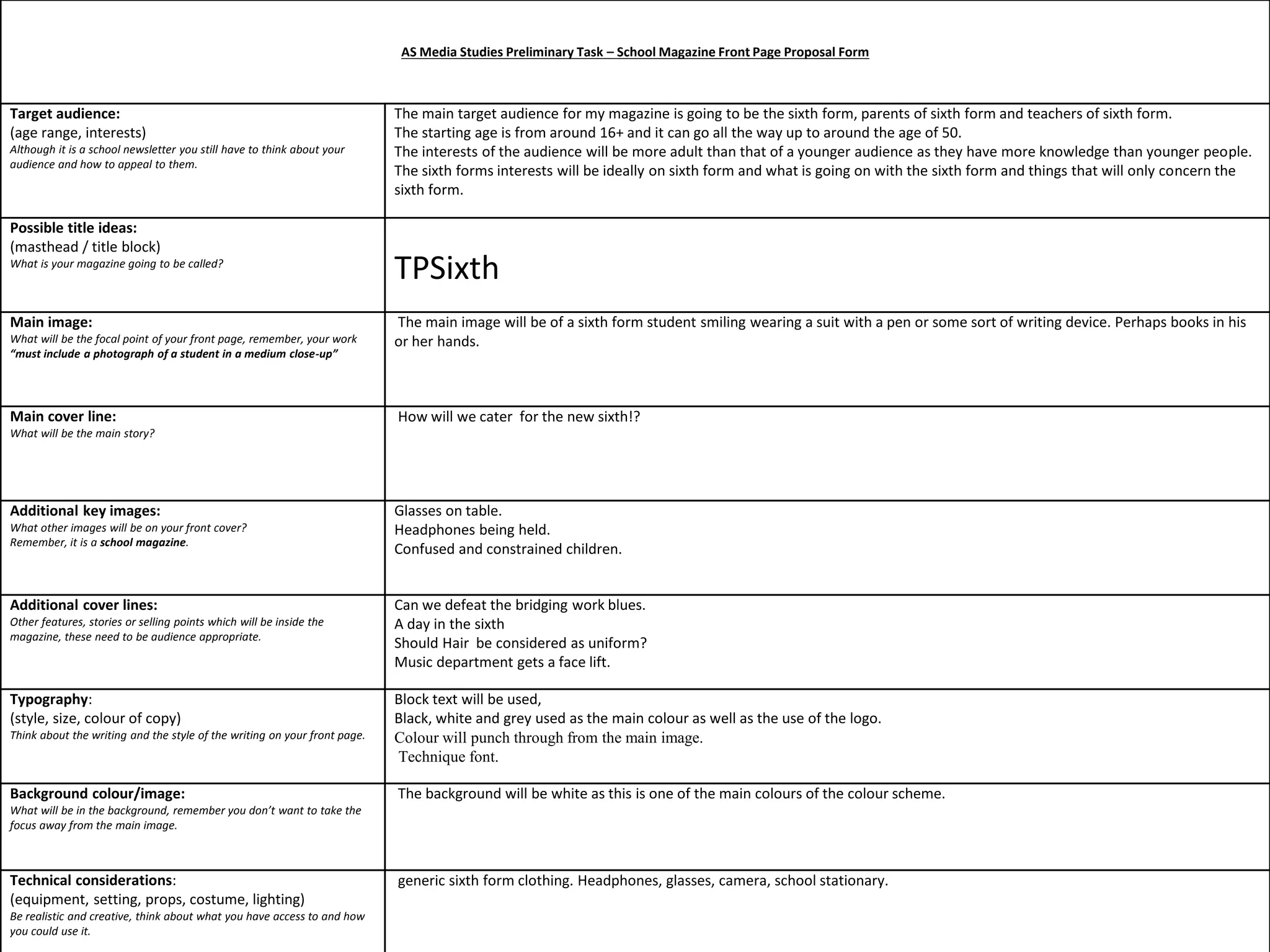 AS Media Studies Preliminary Task – School Magazine Front Page Proposal Form 
Target audience: 
(age range, interests) 
Although it is a school newsletter you still have to think about your 
audience and how to appeal to them. 
The main target audience for my magazine is going to be the sixth form, parents of sixth form and teachers of sixth form. 
The starting age is from around 16+ and it can go all the way up to around the age of 50. 
The interests of the audience will be more adult than that of a younger audience as they have more knowledge than younger people. 
The sixth forms interests will be ideally on sixth form and what is going on with the sixth form and things that will only concern the 
sixth form. 
Possible title ideas: 
(masthead / title block) 
What is your magazine going to be called? TPSixth 
Main image: 
What will be the focal point of your front page, remember, your work 
“must include a photograph of a student in a medium close-up” 
The main image will be of a sixth form student smiling wearing a suit with a pen or some sort of writing device. Perhaps books in his 
or her hands. 
Main cover line: 
What will be the main story? 
How will we cater for the new sixth!? 
Additional key images: 
What other images will be on your front cover? 
Remember, it is a school magazine. 
Glasses on table. 
Headphones being held. 
Confused and constrained children. 
Additional cover lines: 
Other features, stories or selling points which will be inside the 
magazine, these need to be audience appropriate. 
Can we defeat the bridging work blues. 
A day in the sixth 
Should Hair be considered as uniform? 
Music department gets a face lift. 
Typography: 
(style, size, colour of copy) 
Think about the writing and the style of the writing on your front page. 
Block text will be used, 
Black, white and grey used as the main colour as well as the use of the logo. 
Colour will punch through from the main image. 
Technique font. 
Background colour/image: 
What will be in the background, remember you don’t want to take the 
focus away from the main image. 
The background will be white as this is one of the main colours of the colour scheme. 
Technical considerations: 
(equipment, setting, props, costume, lighting) 
Be realistic and creative, think about what you have access to and how 
you could use it. 
generic sixth form clothing. Headphones, glasses, camera, school stationary. 
 