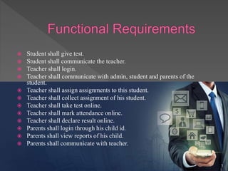  Student shall give test.
 Student shall communicate the teacher.
 Teacher shall login.
 Teacher shall communicate with admin, student and parents of the
student.
 Teacher shall assign assignments to this student.
 Teacher shall collect assignment of his student.
 Teacher shall take test online.
 Teacher shall mark attendance online.
 Teacher shall declare result online.
 Parents shall login through his child id.
 Parents shall view reports of his child.
 Parents shall communicate with teacher.
 