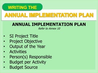 ANNUAL IMPLEMENTATION PLAN
Refer to Annex 10
• SI Project Title
• Project Objective
• Output of the Year
• Activities
• Person(s) Responsible
• Budget per Activity
• Budget Source
 