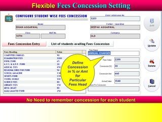 Flexible Fees Concession Setting
No Need to remember concession for each student
Define
Concession
in % or Amt
for
Particular
Fees Head
 