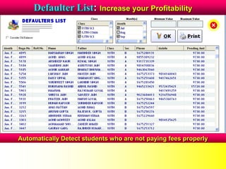 Defaulter List: Increase your Profitability
Automatically Detect students who are not paying fees properly
 