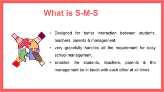 What is S-M-S
• Designed for better interaction between students,
teachers, parents & management.
• very gracefully handles all the requirement for easy
school management.
• Enables the students, teachers, parents & the
management be in touch with each other at all times.
 