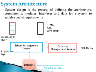 System design is the process of defining the architecture,
components, modules, interfaces and data for a system to
satisfy special requirements.
School Management
System
Database
Management System
Database
Presentation
layer
Application
layer
Data layer
HTML,
CSS
Java Script
SQL Query
SMS Architecture
 