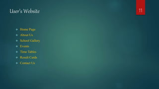 User’s Website
 Home Page
 About Us
 School Gallery
 Events
 Time Tables
 Result Cards
 Contact Us
11
 