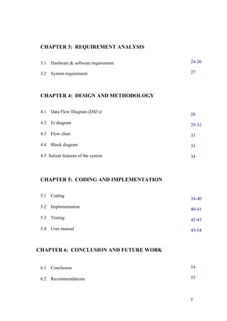 7
CHAPTER 3: REQUIREMENT ANALYSIS
3.1 Hardware & software requirement
3.2 System requirement
CHAPTER 4: DESIGN AND METHODOLOGY
4.1 Data Flow Diagram (Dfd’s)
4.2 Er diagram
4.3 Flow chart
4.4 Block diagram
4.5 Salient features of the system
CHAPTER 5: CODING AND IMPLEMENTATION
5.1 Coding
5.2 Implementation
5.3 Testing
5.4 User manual
CHAPTER 6: CONCLUSION AND FUTURE WORK
6.1 Conclusion
6.2 Recommendations
24-26
27
28
29-32
33
33
34
34-40
40-41
42-43
43-54
54
55
 