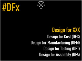 Design for XXX
Design for Cost (DFC)
Design for Manufacturing (DFM)
Design for Testing (DFT)
Design for Assembly (DFA)
#DFx
 