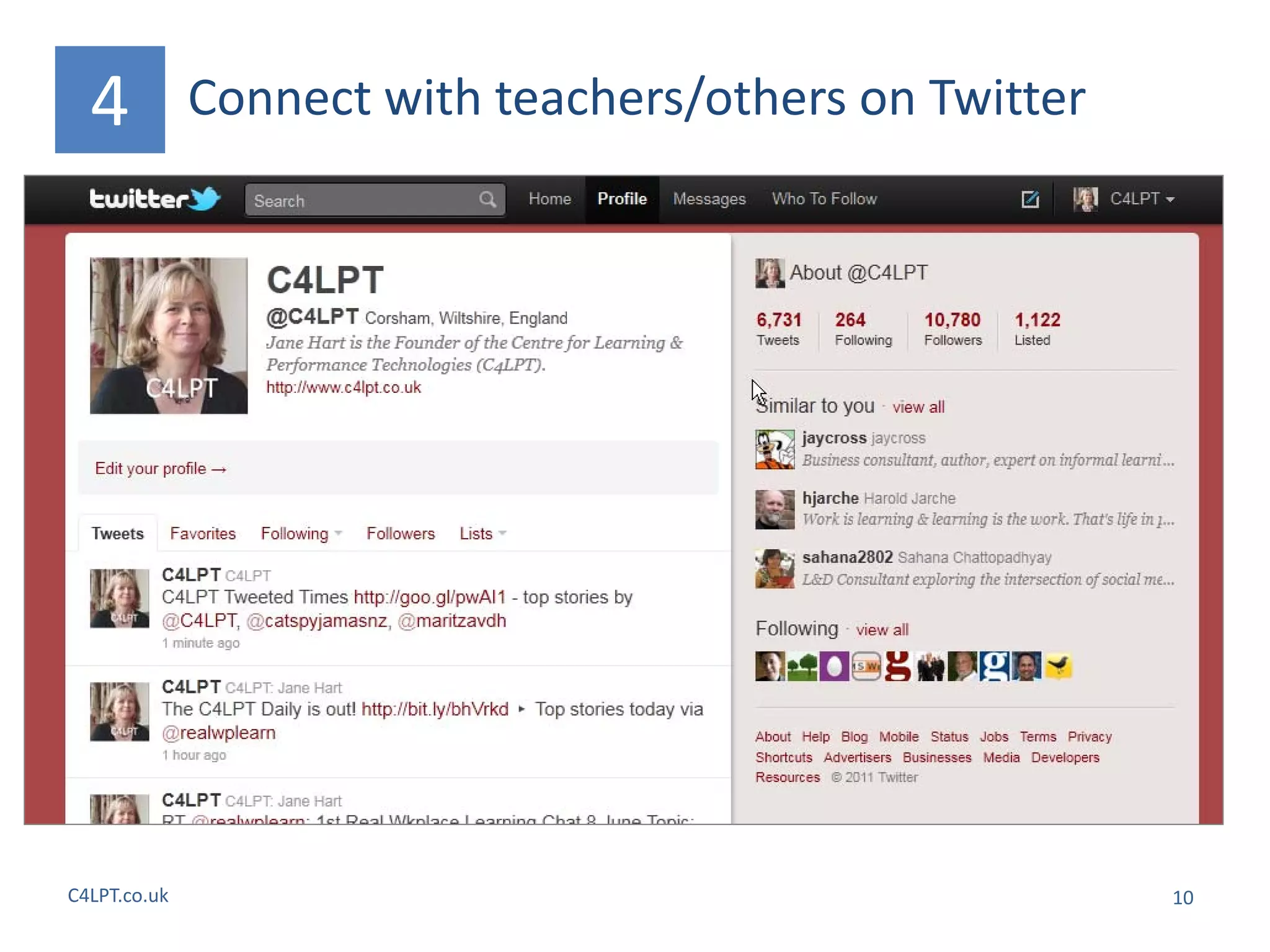 4           Connect with teachers/others on Twitter




C4LPT.co.uk                                             10
 