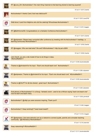 RT @Love_DA: #schoolnetsa11 the main thing I learned is that learning shared is learning squared!


                                                                                             07-Jul-11 12:07 | Ceanlia


#schoolnetsa11 thanks Carol, food was delicious!!!!


                                                                                           07-Jul-11 12:07 | scox2702


Well done 2 carol from #stjohns who did the catering! Whooohaaa #schoolnetsa11


                                                                                            07-Jul-11 12:07 | maggiev


RT @BethHornerSA: Congratulations on a fantastic Conference #schoolnetsa11


                                                                                             07-Jul-11 12:07 | Ceanlia


RT @artpreston: Please keep connected after conference by tweeting with the #schoolnetsa11 hashtag - a
learning community! #schoolnetsa11
                                                                                             07-Jul-11 12:08 | Ceanlia


RT @maggiev: Who are total twits? We are!!! #Schoolnetsa11 http://pi.pe/-u3l2hl


                                                                                             07-Jul-11 12:08 | Ceanlia


John Davitt. you are a role model of how to do things in class.
 #SchoolNetSA11
                                                                                     07-Jul-11 12:08 | laurencekeulder


Thanks to @johndavitt for his input - "Each one should teach one" #schoolnetsa11


                                                                                          07-Jul-11 12:08 | artpreston


RT @artpreston: Thanks to @johndavitt for his input - "Each one should teach one" #SchoolNetSA11


                                                                                     07-Jul-11 12:09 | laurencekeulder


Thanks to @C4LPT for all she shared - great input! #schoolnetsa11


                                                                                          07-Jul-11 12:09 | artpreston


final plenary of #schoolnetsa11 in Jo'burg - fantastic event - used to be a African saying "each one teach one"
now its each one teach many
                                                                                           07-Jul-11 12:09 | johndavitt


#schoolnetsa11 @c4lpt you were soooooo inspiring. Thank you!!!


                                                                                            07-Jul-11 12:09 | maggiev


#schoolnetsa11 Keep twinking!!! Tweet tweet tweet!!!


                                                                                            07-Jul-11 12:10 | maggiev


RT @artpreston: Use www.edmodo.com as a network to connect pupils, parents and a broader teaching
community - @CWansbury #schoolnetsa11
                                                                                            07-Jul-11 12:10 | learnxtra


Keep networking!!! #SchoolNetSA11


                                                                                     07-Jul-11 12:11 | laurencekeulder
 