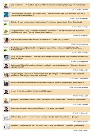 Data visualisation - very cool tool! http://www-958.ibm.com/software/data/cognos/manyeyes/ #schoolnetsa11


                                                                                       07-Jul-11 08:27 | artpreston


Day 2 conference summaries: Schoolnetsa11 Day 2 tweet summaries View more documents from Schoo...
http://bit.ly/olkrhv #schoolnetsa11
                                                                                  07-Jul-11 08:32 | Schoolnetsa11


@Hooley_S hope you're enjoying the #schoolnetsa11 conference regards Gareth Davies @teachingbiz


                                                                                      07-Jul-11 08:34 | teachingbiz


RT @Schoolnetsa11: Day 2 conference summaries: Schoolnetsa11 Day 2 tweet summaries View more
documents from Schoo... http://bit.ly/olkrhv #schoolnetsa11
                                                                                        07-Jul-11 08:34 | NixKZN1


Wow, what a great session with @nharm on google apps! Thanks, #schoolnetsa11


                                                                                     07-Jul-11 08:36 | siobhanlouw


The #edtech issue of @teachingbiz coming soon to a school near you! subscribe @ http://t.co/Qfq3AuJ
#schoolnetsa11
                                                                                      07-Jul-11 08:44 | teachingbiz


RT @Love_DA: #schoolnetsa11 Jane Hart talking about Buddy Press plugin in Word Press http://t.co/5kW8CCv
for social learning
                                                                                     07-Jul-11 08:52 | MarkJHayter


#schoolnetsa11 I see Facebook and Skype are now better integrated so you can get FB feeds on Skype and
video call from FB!
                                                                                        07-Jul-11 08:55 | Love_DA


RT @teachingbiz: Morning all at #schoolnetsa11 from @teachingbiz - learn lots and take those wonderful
experiences back into your classrooms. #sateachers
                                                                                  07-Jul-11 09:02 | JeanetteViljoen


About to become a complete twit with @maggiev in "Advanced twitter for complete twits!" #schoolnetsa11


                                                                                  07-Jul-11 09:02 | sophiakousiakis


In room 46 with advanced twits #schoolnetsa11 @maggiev


                                                                                        07-Jul-11 09:04 | Love_DA


@maggiev - Advanced Educational Twitter - for complete twits! This should be a fun session! #schoolnetsa11


                                                                                       07-Jul-11 09:04 | artpreston


@artpreston @maggiev #schoolnetsa11 Expect a lot of tweets from room 46!


                                                                                        07-Jul-11 09:05 | Love_DA


Welcome 2 our session on how to become complete twits. R U ready? #schoolnetsa11 @maggiev


                                                                                         07-Jul-11 09:08 | 3smm11


The toolkit 4 being and acting like a twit: http://t.co/eT5TNWp #schoolnetsa11 @maggiev @endineering


                                                                                         07-Jul-11 09:08 | 3smm11
 