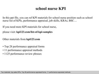 school nurse KPI 
In this ppt file, you can ref KPI materials for school nurse position such as school 
nurse list of KPIs, performance appraisal, job skills, KRAs, BSC… 
If you need more KPI materials for school nurse, 
please visit: kpi123.com/list-of-kpi-samples 
Other materials from kpi123.com 
• Top 28 performance appraisal forms 
• 11 performance appraisal methods 
• 1125 performance review phrases 
Top materials: top sales KPIs, Top 28 performance appraisal forms, 11 performance appraisal methods 
Interview questions and answers – free download/ pdf and ppt file 
 