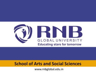 RNB Global University (First Private University in Bikaner) ,
RNB Global City, Ganganagar Road, Bikaner, Rajasthan (India) - 334601
Tel No: +91.151.5156000 | Toll Free No. : 1800-313-0075 | Website: www.rnbglobal.edu.in
School of Arts and Social Sciences
School of Arts and Social Sciences
www.rnbglobal.edu.in
 